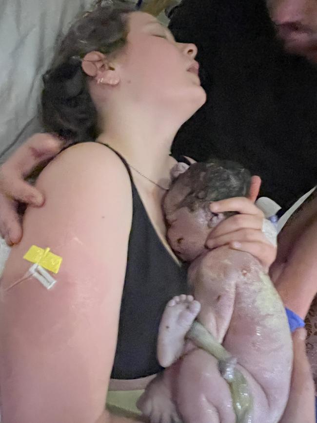 Alesha Nickolai the moment Hayden was put into her arms for the first time. Picture: Supplied