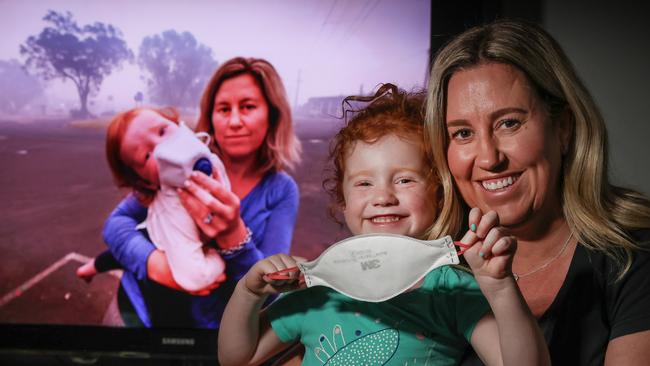 Laura Langmead and daughter Evie, three years on from the Mallacoota bushfires. Picture: David Caird