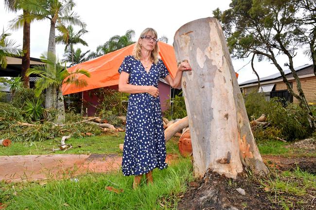 Marvelled Lockett next to the tree that went through her home in Little Mountain. Picture: John Gass