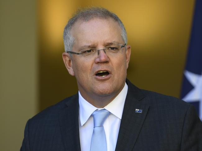 Australian Prime Minister Scott Morrison speaks to the media during a press conference at Parliament House in Canberra, Monday, May 11, 2020. (AAP Image/Lukas Coch) NO ARCHIVING