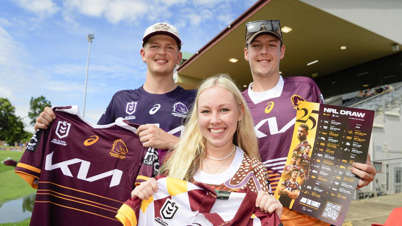 Cooper Job (left), Charlotte Whitley and Matt Pomfrett at the Brisbane Broncos Captain's Run and Toowoomba Fan Day at Toowoomba Sports Ground, Saturday, February 15, 2025. Picture: Kevin Farmer