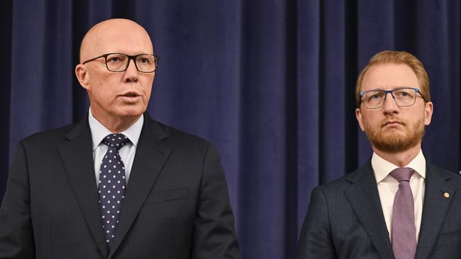 Opposition Leader Peter Dutton and Senator James Paterson. Picture: NewsWire / Martin Ollman