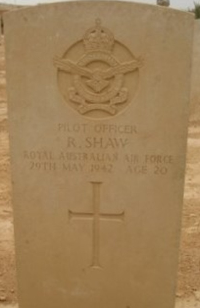 The headstone of Officer Shaw. The CWGC has been requested to change the headstone emblem to a Star of David at his final burial place at Knightsbridge War Cemetery, Acroma, Libya. Picture: Operation Jacob