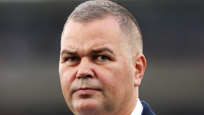 SYDNEY, AUSTRALIA - APRIL 23: Sea Eagles coach Anthony Seibold looks on as he is is interviewed pre-game during the round eight NRL match between Wests Tigers and Manly Sea Eagles at Campbelltown Stadium on April 23, 2023 in Sydney, Australia. (Photo by Mark Kolbe/Getty Images)