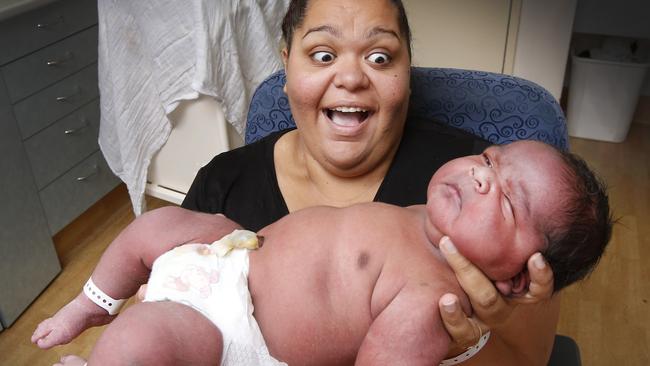 He ain't heavy, he's my bubba! Mum Natashia from Preston got the shock of her life when baby Brian Jnr tipped the scales at 6kg, nearly double that of an average sized baby, and the largest to ever tip the scales at Mercy Hospital for Women. Picture: David Caird