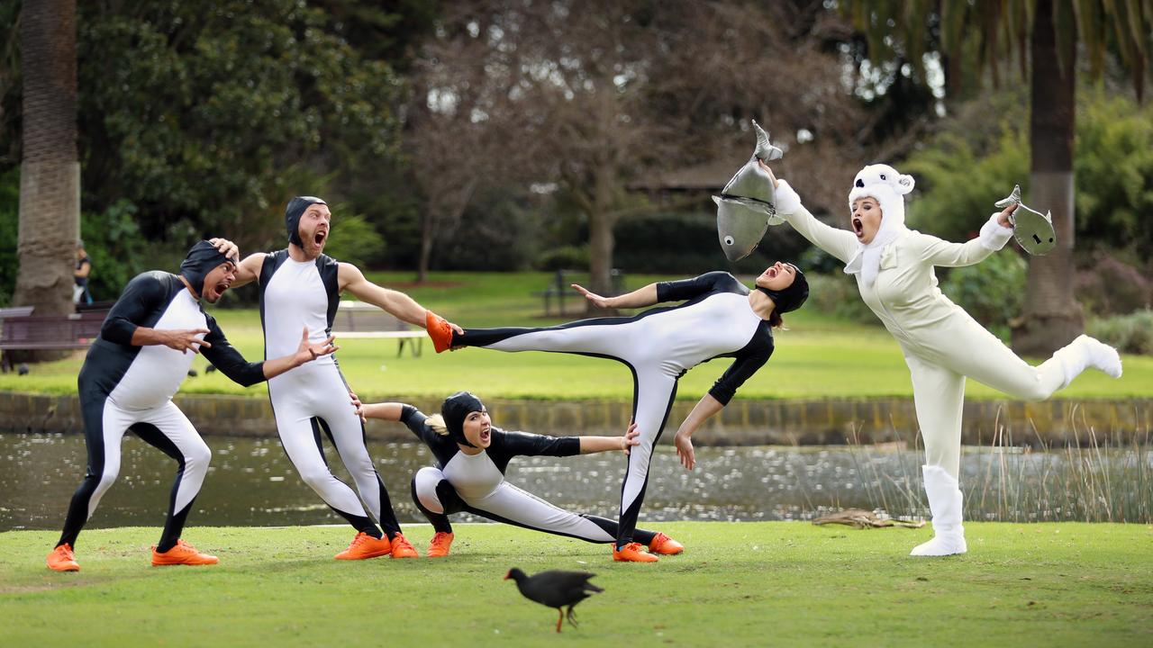 Aurora dancers having fun in costume outside the Circus Oz big top. From left Jillibalu Riley, Sam Aldham, Shani Stephens, Josie Wardrope and Tara Silcock. Picture: Alex Coppel