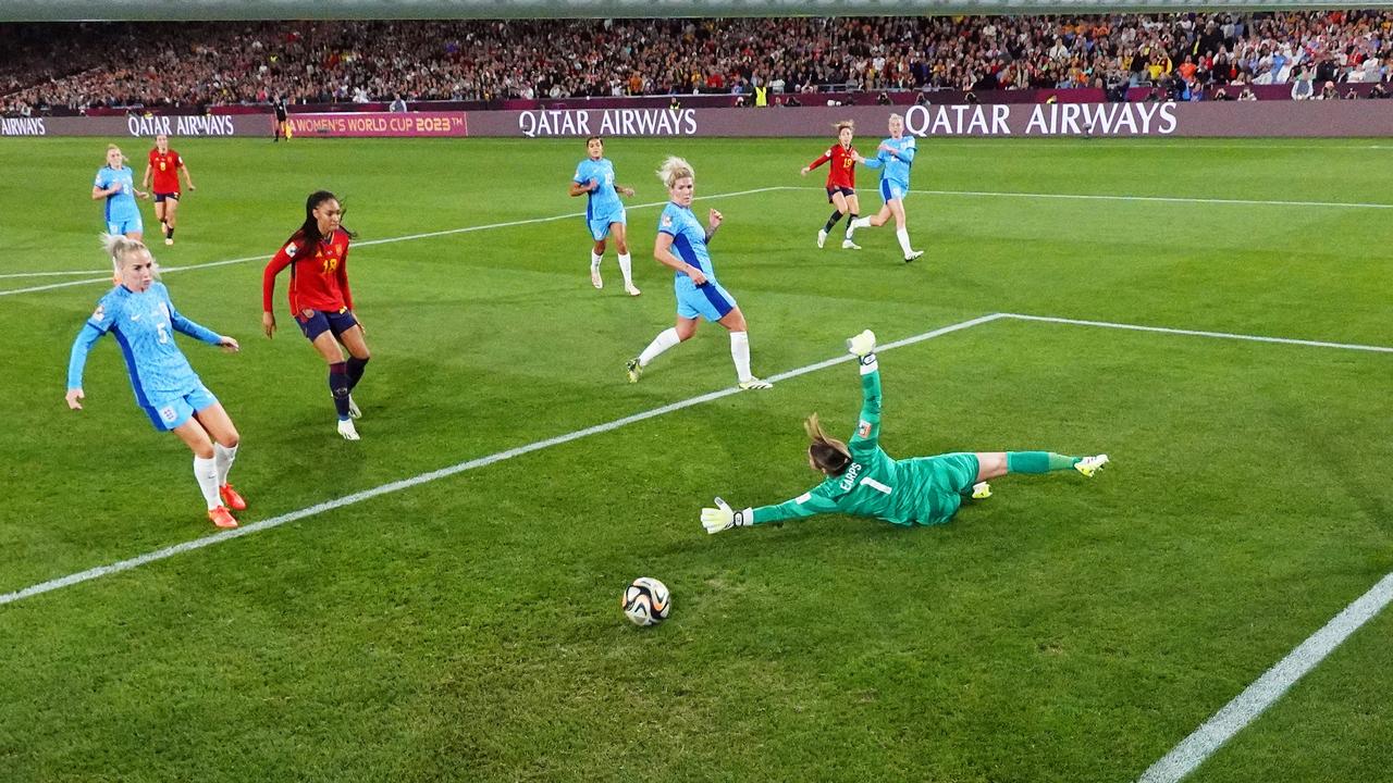 Carmona’s low shot blazes past England goalkeeper Mary Earps. Picture: Cameron Spencer/Getty Images