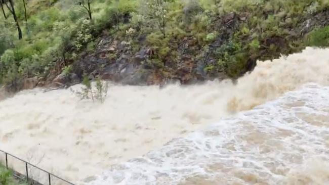 Perseverance Dam overflowing and spilling downstream. February 2022.