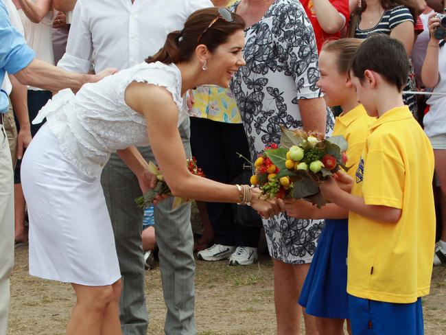 Princess Mary was greeted by Bronte Public School students Eliza Finlayson and Rex Crabb, both 8.