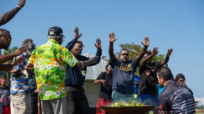 Members of the Tiwi community perform song and dance as part of the healing ceremony. Picture: Pema Tamang Pakhrin