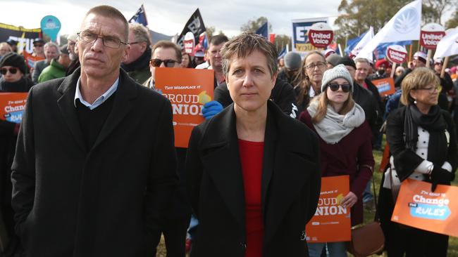 ACTU Secretary Sally McManus leads a march outside of Parliament House. Picture: Kym Smith