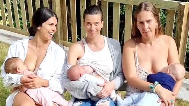 About 50 Gold Coast mums will stage a breastfeeding peaceful protest to support Shannon Laverty (centre) who was told there were other places she could fed her child at Pacific Fair Shopping Centre. Her friends Stephanie Ruzic and Aliesha Fry will be there. Picture: Supplied