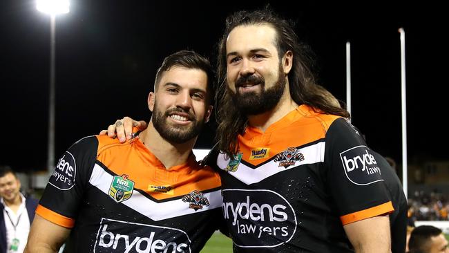 James Tedesco (left) and Aaron Woods at Leichhardt Oval on Sunday after their final games for the Wests Tigers.