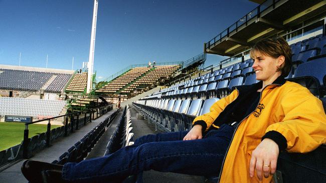 Sydney 2000 Olympics press manager Jenny Turner at Hindmarsh Stadium, with a section of the temporary seating installed during the Games in the background.