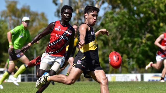 The Nightcliff Tigers are up against the Tiwi Bombers in Round 18 of the 2022-23 NTFL season. Picture: Tymunna Clements / AFLNT Media