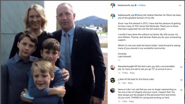 Luke Howarth farewells voters on May 15, sharing a photo of his family from 2013 after he was elected, after conceding he’d lost his seat.