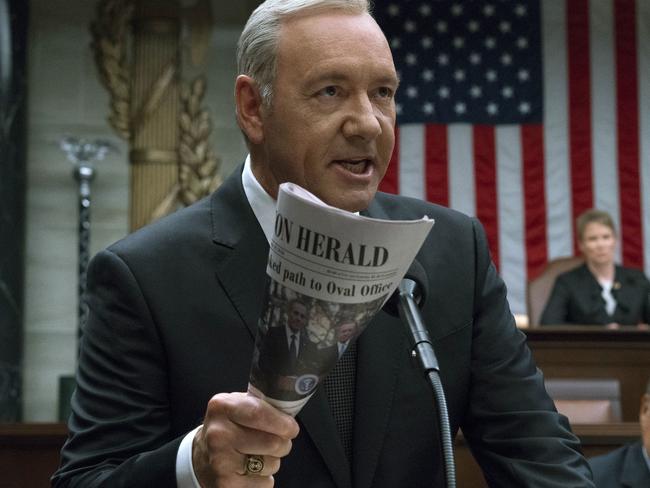 This image released by Netflix shows Kevin Spacey in a scene from "House Of Cards." Netflix says it's suspending production on "House of Cards" following harassment allegations against Spacey. Picture: David Giesbrecht/Netflix via AP.