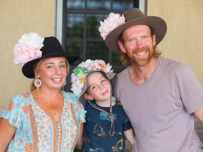 Jo Hooper, Ben Cramb, 4, and Johnny Cramb watched the croc races at the Berry Springs Tavern. Picture: Glenn Campbell