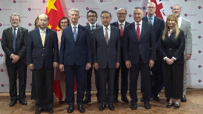 Chinese Foreign Minister Wang Yi meets with business and strategic leaders and university representatives at the Hyatt Hotel Canberra on Wednesday. Picture: CGTN