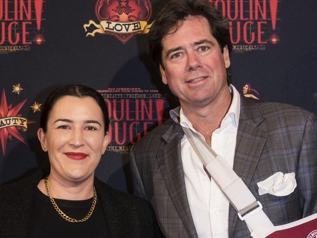 MELBOURNE, AUSTRALIA - AUGUST 24: Gillon McLachlan (R) attends the opening night of "Moulin Rouge! The Musical" at Regent Theatre on August 24, 2023 in Melbourne, Australia. (Photo by Naomi Rahim/WireImage)