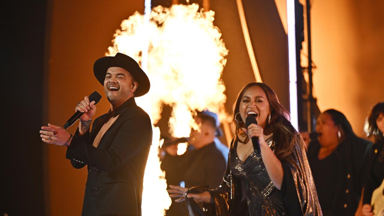 Guy Sebastian and Jessica Mauboy perform at the 64th TV WEEK Logie Awards. Picture: Getty