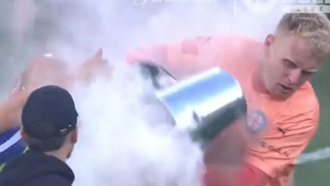 The bucket which collected Melbourne City goalkeeper Tom Glover.