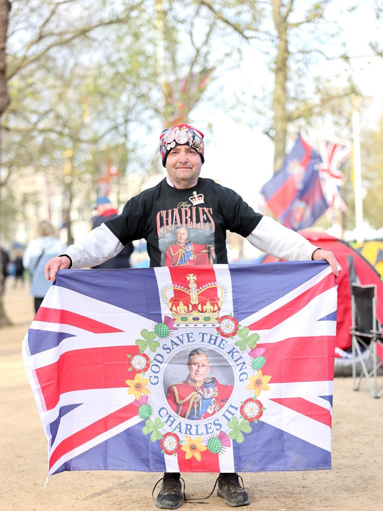 Royal fan John Loughrey poses for a photograph as she camps out in the royal 'superfans' camp on The Mall ahead of the coronation of King Charles III, which takes place on May 6th. (Photo by Chris Jackson/Getty Images)