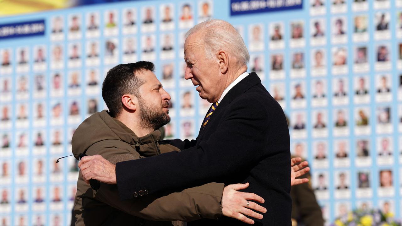 US President Joe Biden is greeted by Ukrainian President Volodymyr Zelensky during a visit to Kyiv. Picture: Dimitar Dilkoff/AFP