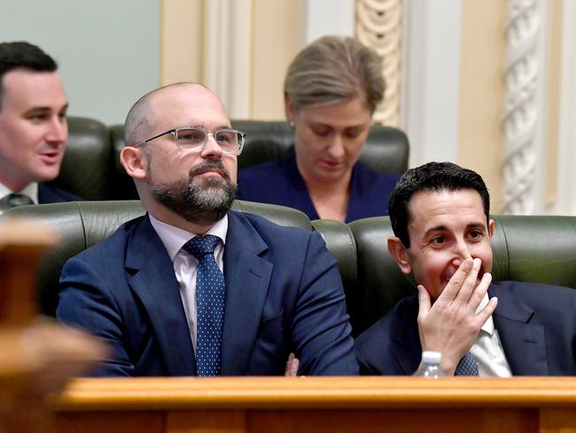 Treasurer David Janetzki and Premier David Crisafulli back in their Opposition days in parliament. Picture: John Gass