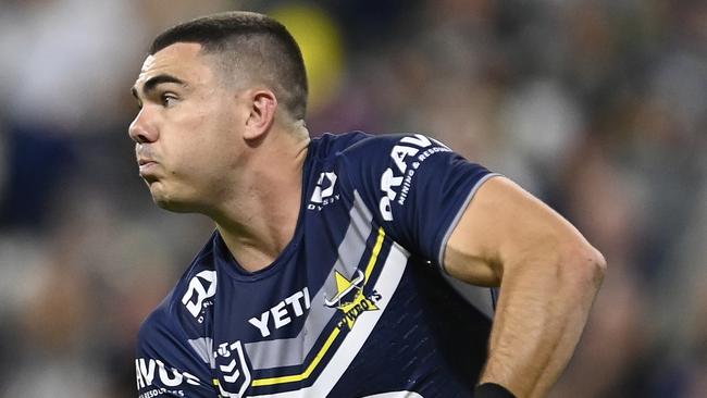 TOWNSVILLE, AUSTRALIA - MAY 04: Jake Clifford of the Cowboys passes the ball during the round nine NRL match between North Queensland Cowboys and Dolphins at Qld Country Bank Stadium, on May 04, 2024, in Townsville, Australia. (Photo by Ian Hitchcock/Getty Images)