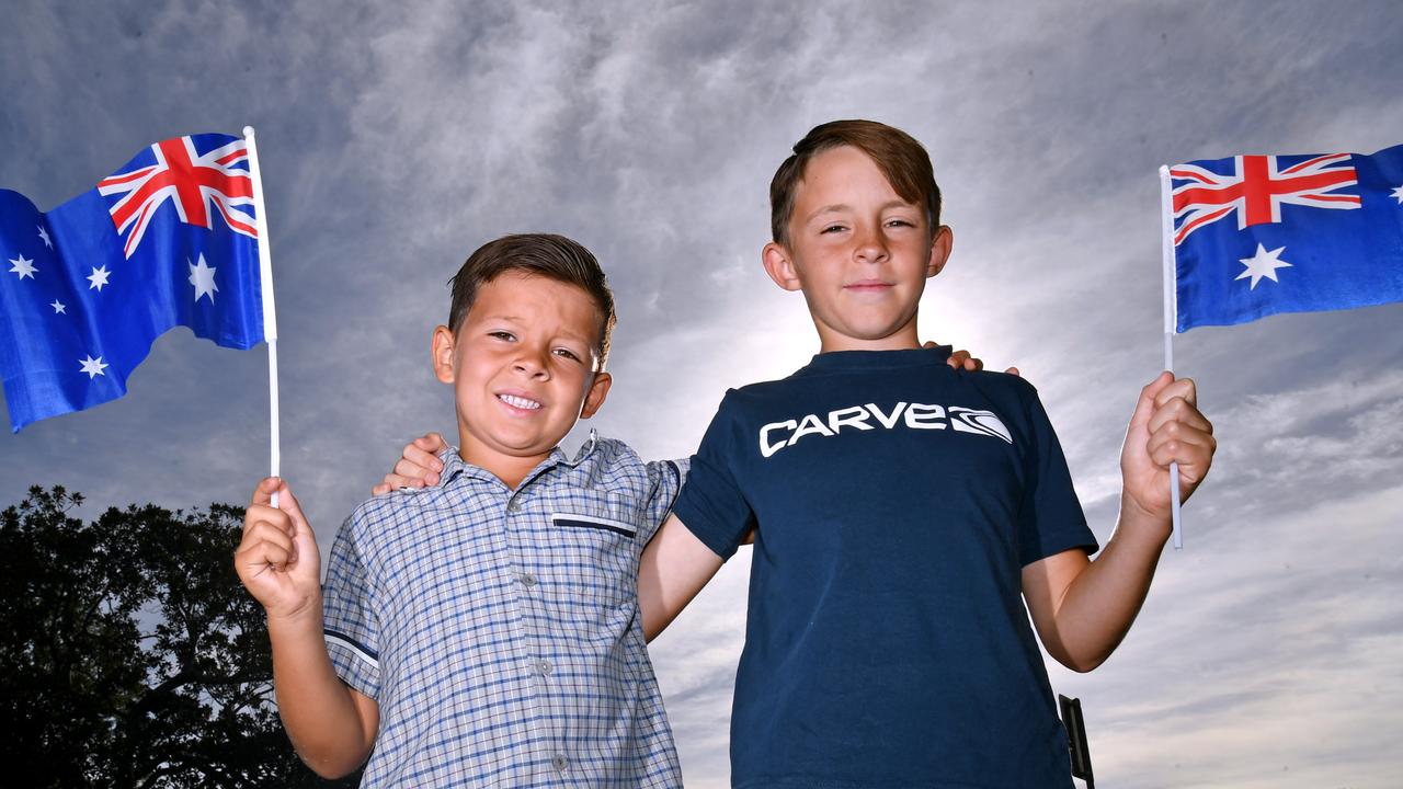 Hunter and Byron McKiernan at Redcliffe Anzac Day. Picture: John Gass