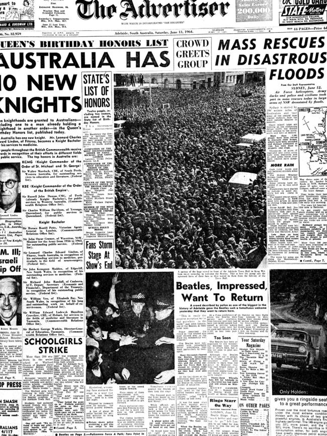 The front page of The Advertiser on Saturday, June 13, 1964, which shows fans packed into King William St to see The Beatles. Picture: Advertiser Library