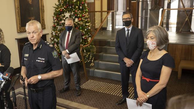 Grant Stevens, Stephen Wade, Steven Marshall and Nicola Spurrier at a Covid press Conference. Picture Simon Cross