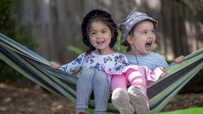 Kieva and Ava are among the 41 four-year-olds learning Japanese at Box Hill North Kindergarten. Picture: Andy Brownbill