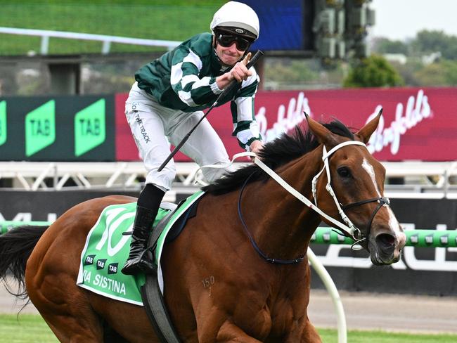 MELBOURNE, AUSTRALIA - NOVEMBER 09: James McDonald riding Via Sistina winning Race 8, the Tab Champions Stakes - Betting Odds during Champion Stakes Day at Flemington Racecourse on November 09, 2024 in Melbourne, Australia. (Photo by Vince Caligiuri/Getty Images)