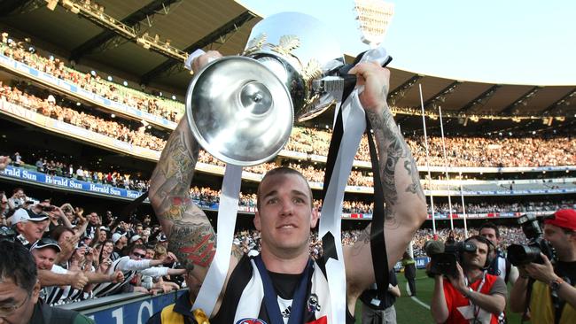 Dane Swan celebrates Collingwood’s players victory over St Kilda after the replayed 2010 AFL Grand Final. Picture: Stuart McEvoy