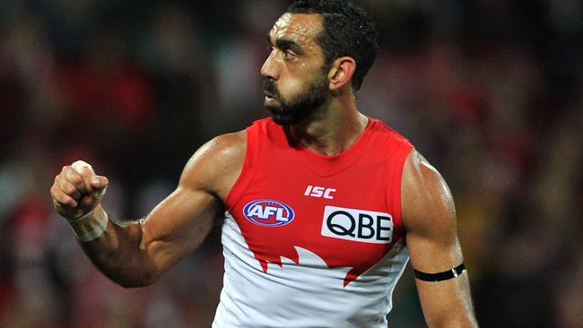 Sydney’s Adam Goodes celebrates kicking a goal against Hawthorn in 2012. Picture: AAP Image/Paul Miller