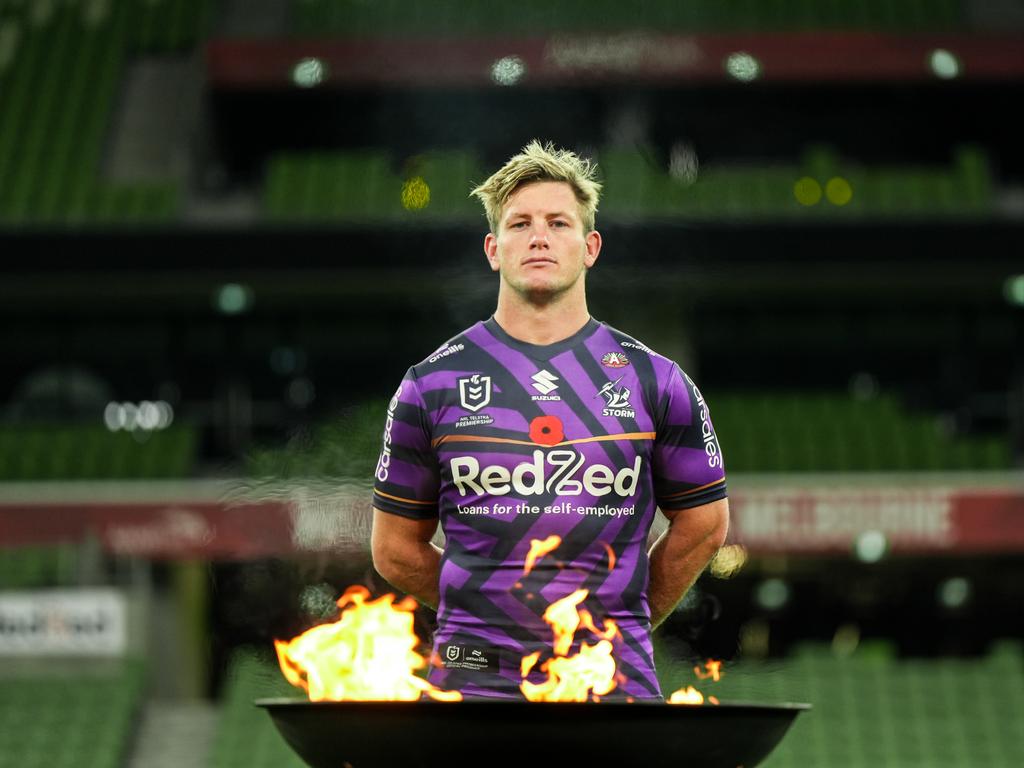 Storm star Harry Grant wearing the club's Anzac jersey. Picture: Coby Schifcofske (Melbourne Storm)