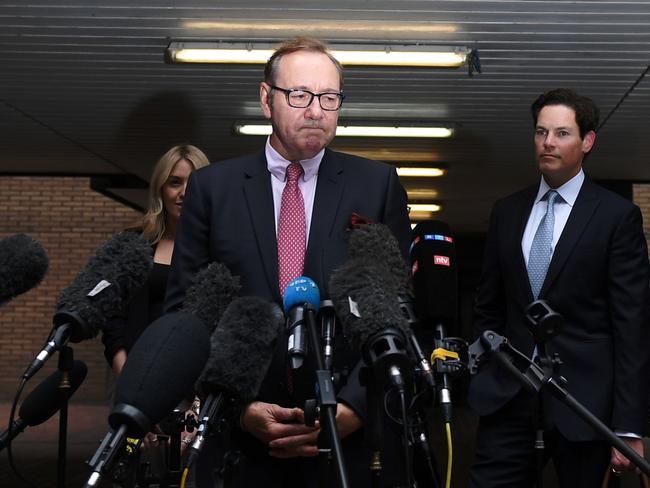 Kevin Spacey faces the media after being cleared of sexual assault charges. Picture: Getty Images