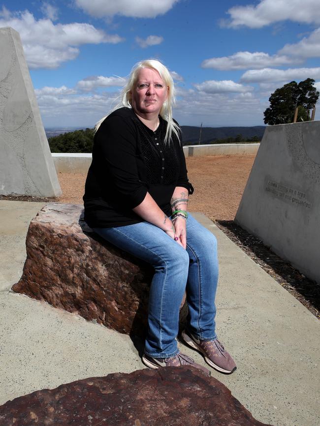 Bec Buchanan, mum of Mackenzie and Neeve, at the Kinglake fire memorial. Picture: David Geraghty / The Australian.