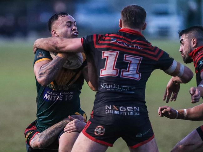 Mittagong’s LeviDodd is tackled by Emmitt Carlile. Picture Warren Gannon Photography