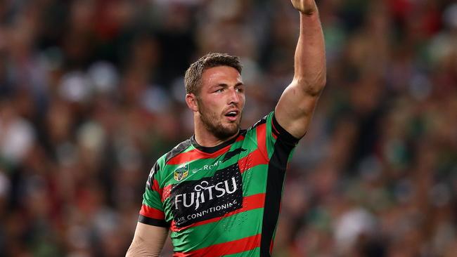 SYDNEY, NEW SOUTH WALES - SEPTEMBER 22: Sam Burgess of the Rabbitohs looks on during the NRL Preliminary Final match between the Sydney Roosters and the South Sydney Rabbitohs at Allianz Stadium on September 22, 2018 in Sydney, Australia. (Photo by Mark Kolbe/Getty Images)