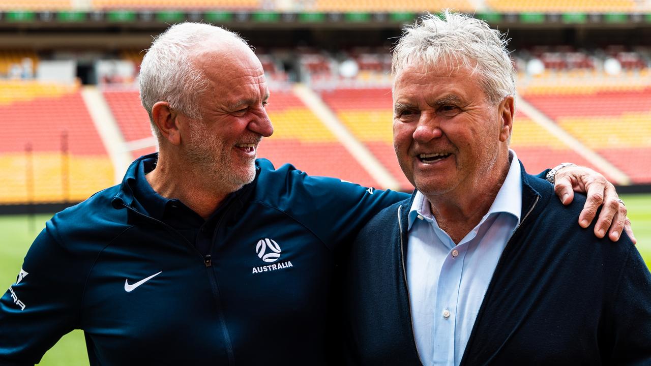 SOCCEROOS. SUNCORP STADIUM. Graham Arnold and Guus Hiddink pictured on the the field at Suncorp Stadium on the 21st September 2022. Picture: supplied by Michael Puterflam (FFA)