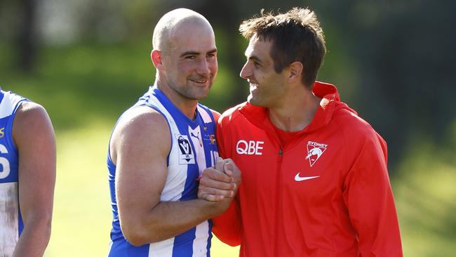 Mutual respect: Ben Cunnington (left) and Josh Kennedy caught up before and after their VFL clash on Sunday. Picture: Getty Images