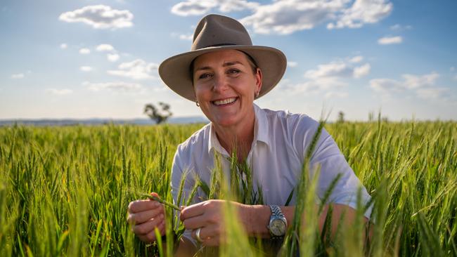 Liz O'Leary inspects wheat on Viridis Ag’s 5000-hectare property Gindurra, at Canowindra. Picture: David Roma