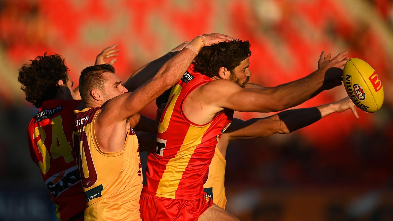 Levi Casboult flies for a mark. Picture: Albert Perez/AFL Photos via Getty Images.