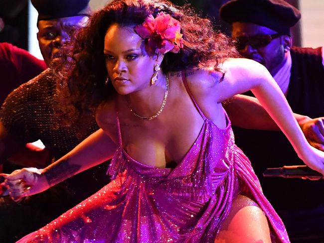 Rihanna performs during the 60th Annual Grammy Awards show on January 28, 2018, in New York.  / AFP PHOTO / Timothy A. CLARY