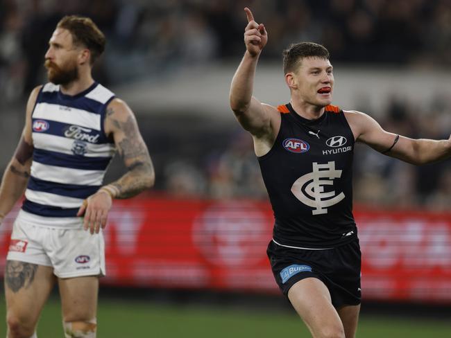 MELBOURNE, AUSTRALIAÃ June 21 , 2024.  AFL Round 15. Carlton vs Geelong at the MCG.   Sam Walsh of the Blues celebrates a 4th quarter goal   . Pic: Michael Klein