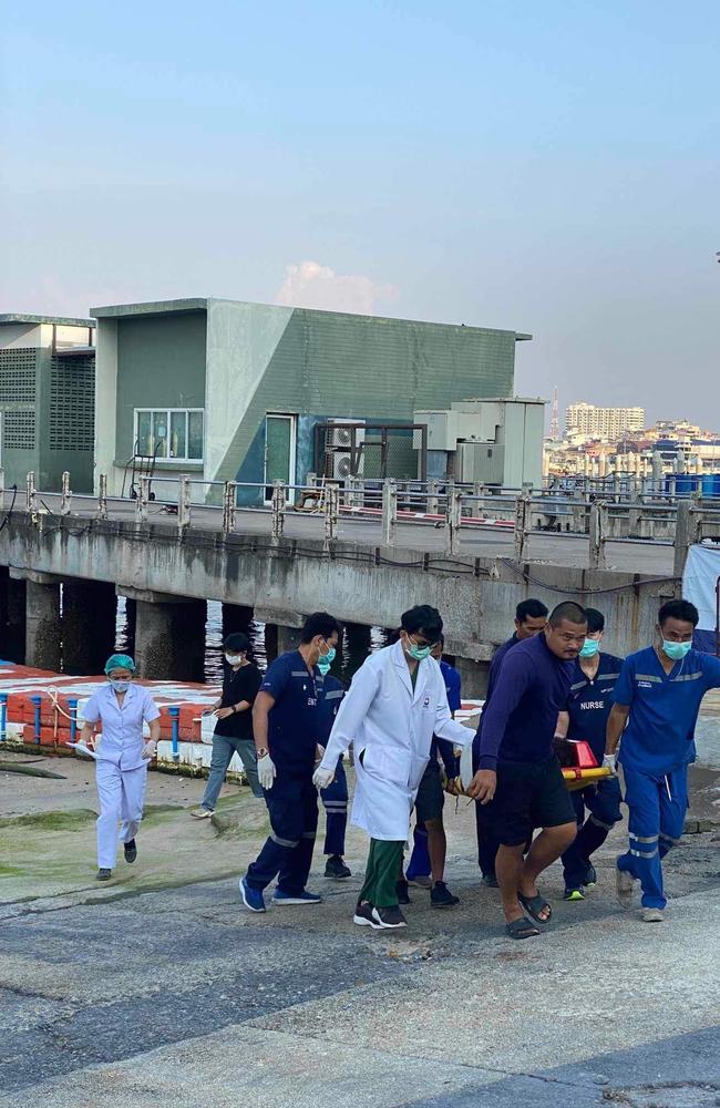 Brenton Simmons being taken to hospital after his scooter crash in Thailand. Picture: Supplied