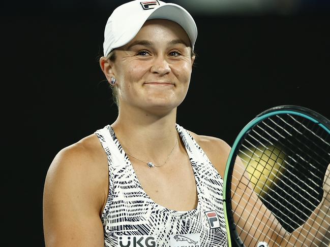 MELBOURNE, AUSTRALIA - JANUARY 21: Ashleigh Barty of Australia celebrates after winning her third round singles match against Camila Giorgi of Italy during day five of the 2022 Australian Open at Melbourne Park on January 21, 2022 in Melbourne, Australia. (Photo by Daniel Pockett/Getty Images)